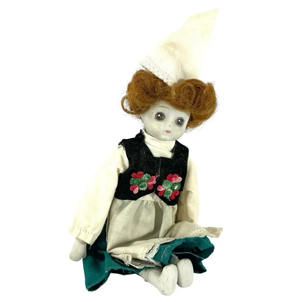 Vintage Scandinavian Folk Doll Norway Sweden Bisque Face Red Hair 9” Costume